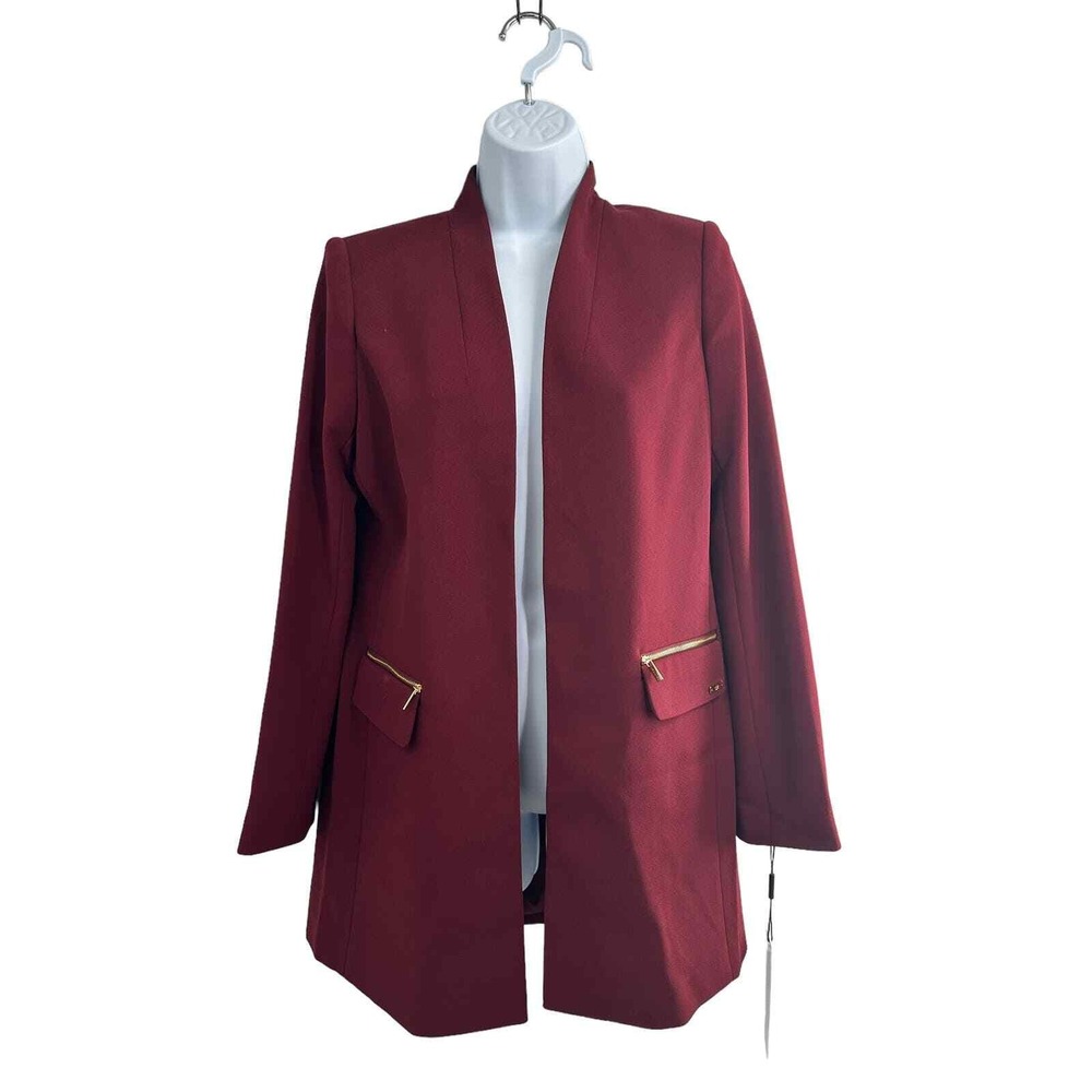Calvin Klein Petite Jacket ‎ Burgundy Collarless Open Front Jacket 8P NWT